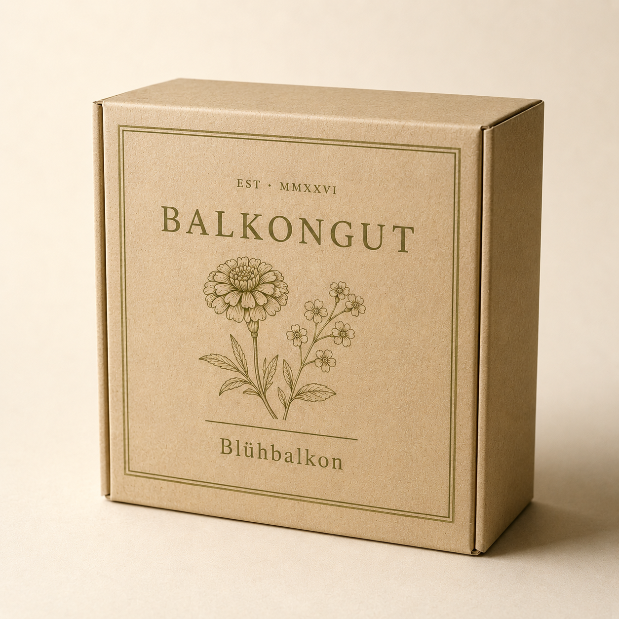 Balkongut Saatgut-Set im Kraftkarton mit botanischer Illustration